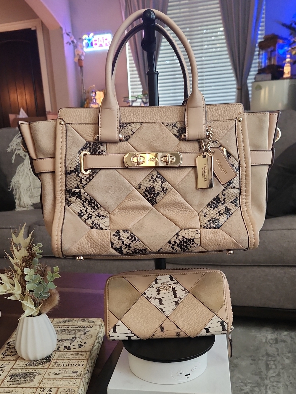 Coach Swagger 27 & Matching Wallet Set – Exotic Patchwork Suede/Leather